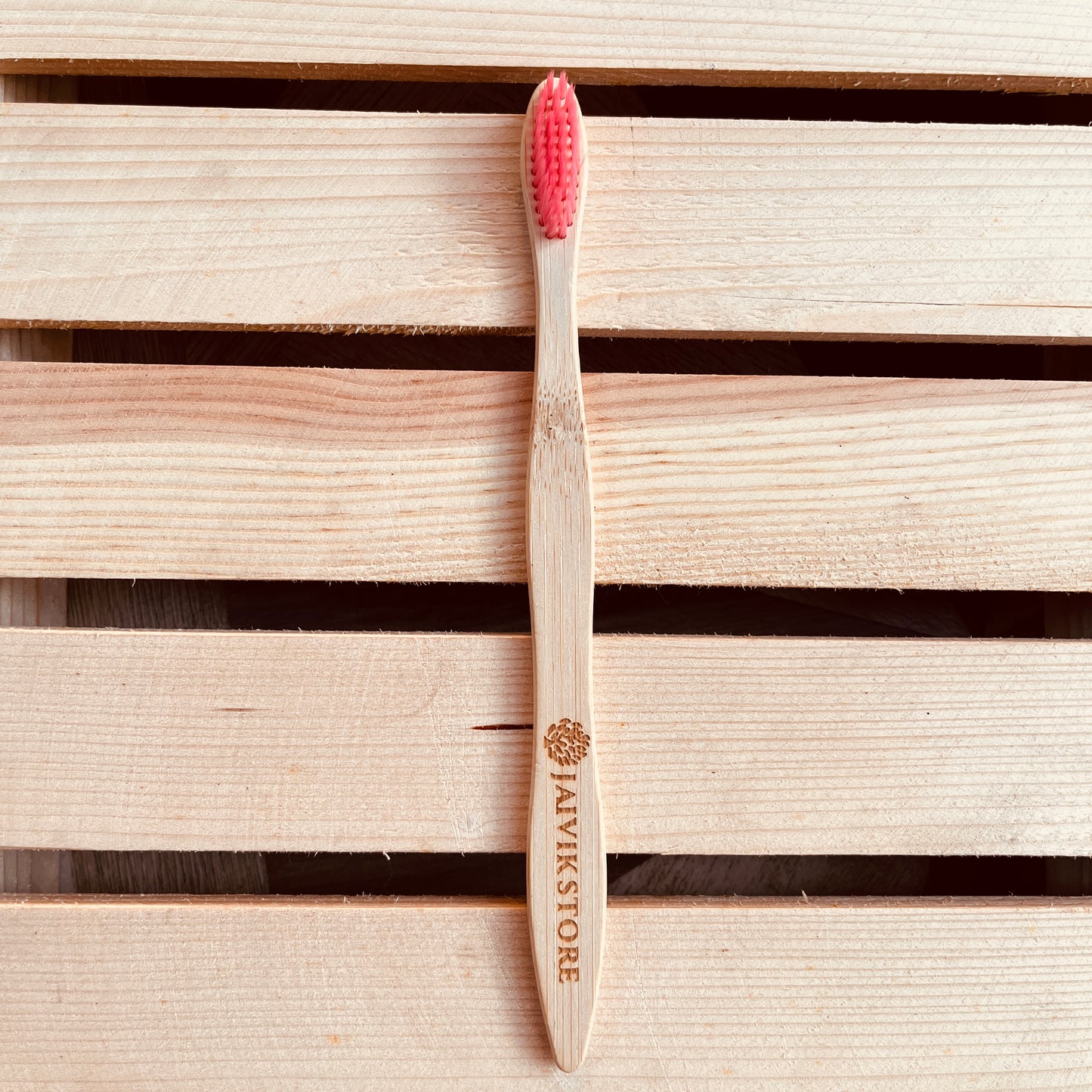 Jaivik Store Bamboo Toothbrush for Adults - Curvy Handle, Pink Color Bristles, Biodegradable - Set of 1 (Front View)