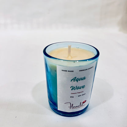 Close-up of Jaivik Store Aqua Wave soy wax candle, 60g, highlighting the wick and artisanal craftsmanship