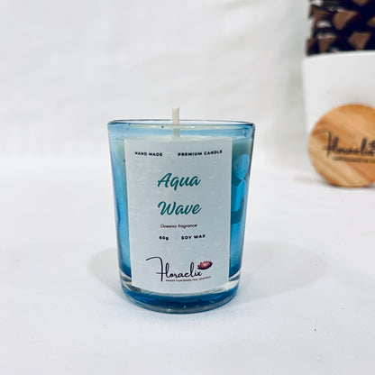 Front view of Jaivik Store Aqua Wave soy wax candle, 60g, for aromatherapy, featuring a sleek and eco-friendly design