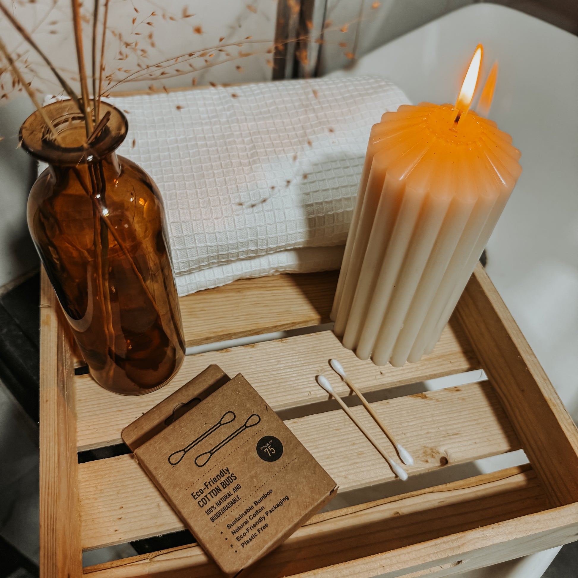 Jaivik Store Bamboo Cotton Earbuds - Displayed with Wooden Tray, Towel, and Candle, Eco-Friendly Design