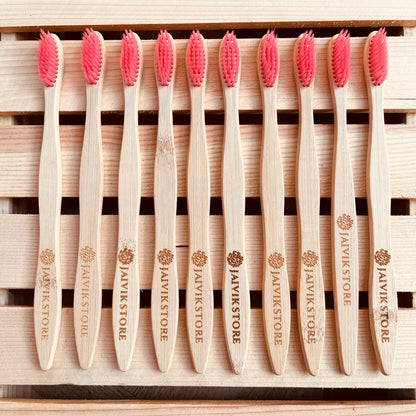 Jaivik Store Bamboo Toothbrush for Adults - Curvy Handle, Pink Color Bristles, Biodegradable - Set of 10 (Front View)