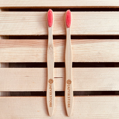 Jaivik Store Bamboo Toothbrush for Adults - Curvy Handle, Pink Color Bristles, Biodegradable - Set of 2 (Front View)