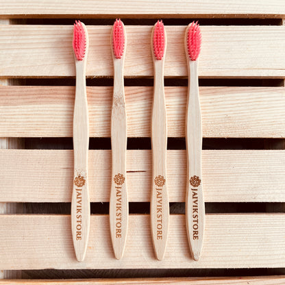 Jaivik Store Bamboo Toothbrush for Adults - Curvy Handle, Pink Color Bristles, Biodegradable - Set of 4 (Front View)