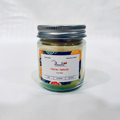 Jaivik Store Citrus Splash scented soy wax jar candle, 100g, front view with lid closed, eco-friendly and premium design