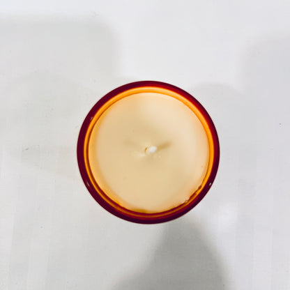 Top view of Jaivik Store Soothing Geranium Breeze soy wax candle, 60g, highlighting the smooth wax surface and premium finish