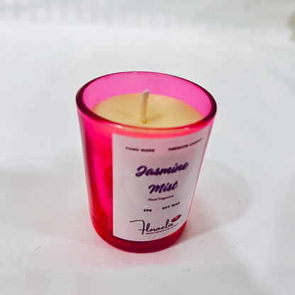 Close-up of Jaivik Store Jasmine Mist soy wax candle, 60g, showcasing the wick and intricate craftsmanship