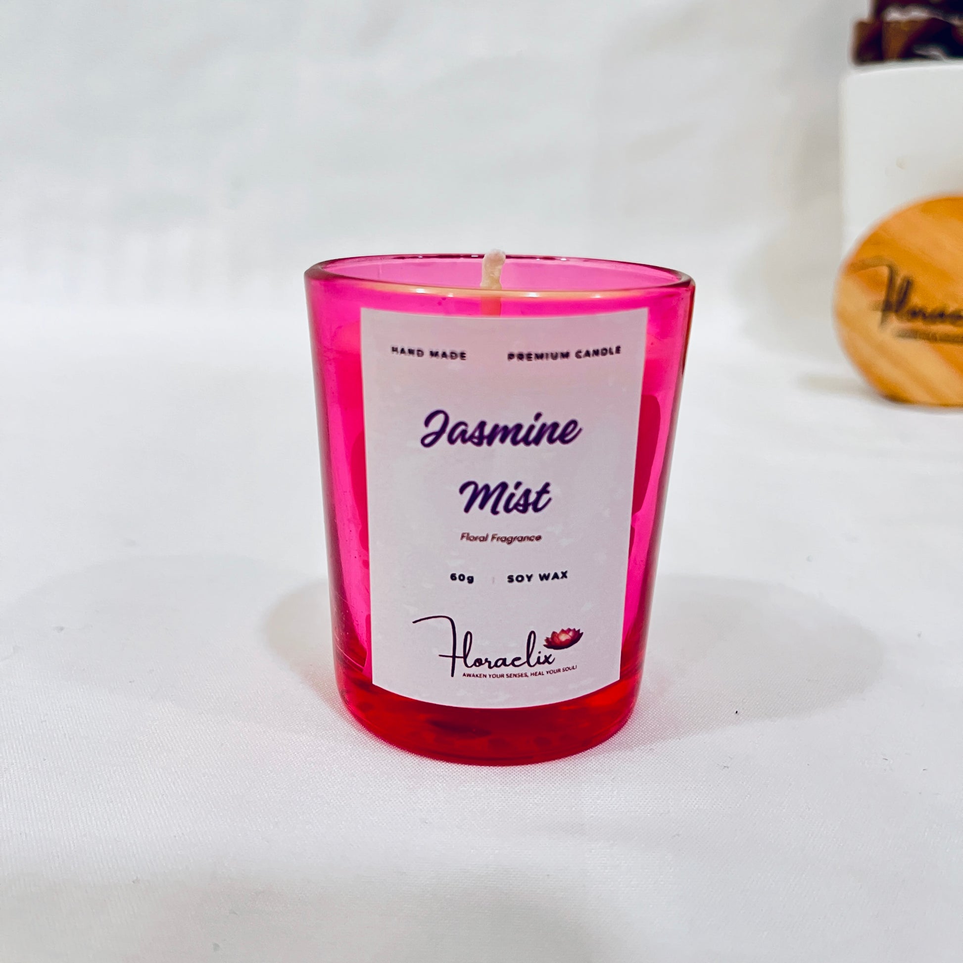 Front view of Jaivik Store Jasmine Mist soy wax candle, 60g, for aromatherapy with a soothing and eco-friendly design