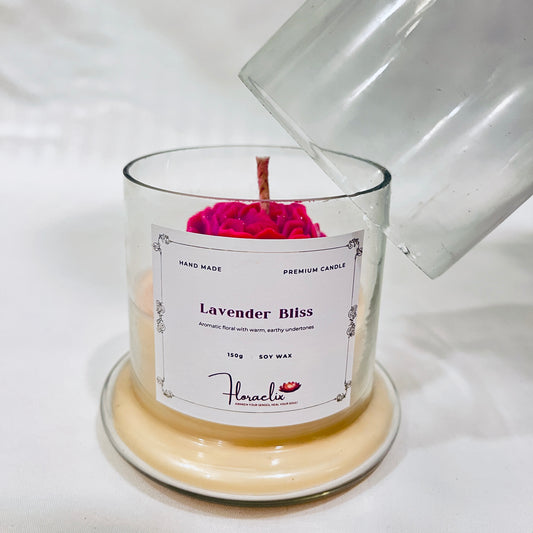 Jaivik Store Lavender Bliss bell jar soy wax candle, 150g, showing the elegant process of opening the bell jar