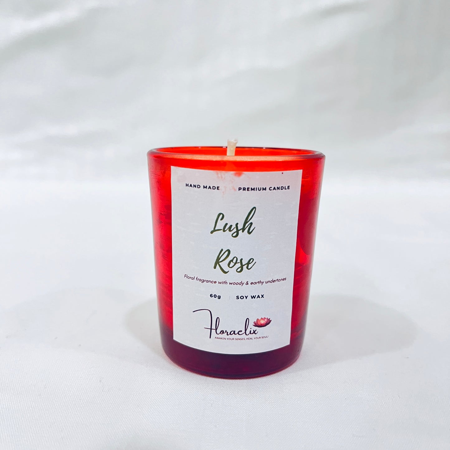 Front view of Jaivik Store Lush Rose premium soy wax candle for aromatherapy, 60g, elegant and eco-friendly design