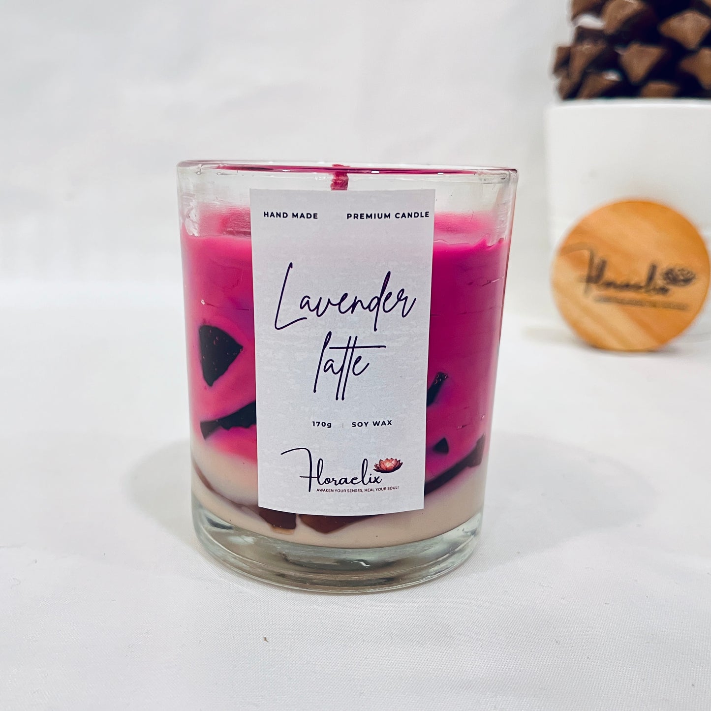 Front view of Jaivik Store Aromatic Lavender Lattee luxury soy wax candle, 180g, ideal for home decor with a calming lavender aroma