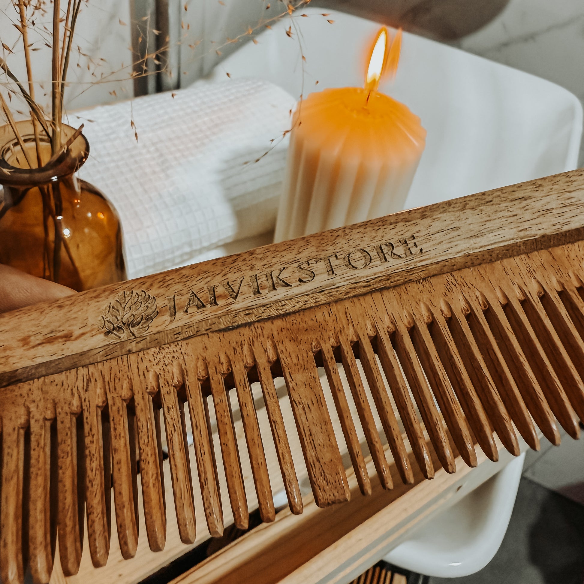 Close-Up of Jaivik Store Neem Wooden Comb - Dual Tooth Design with Smooth Finish for Hair Care, Eco-Friendly & Unisex