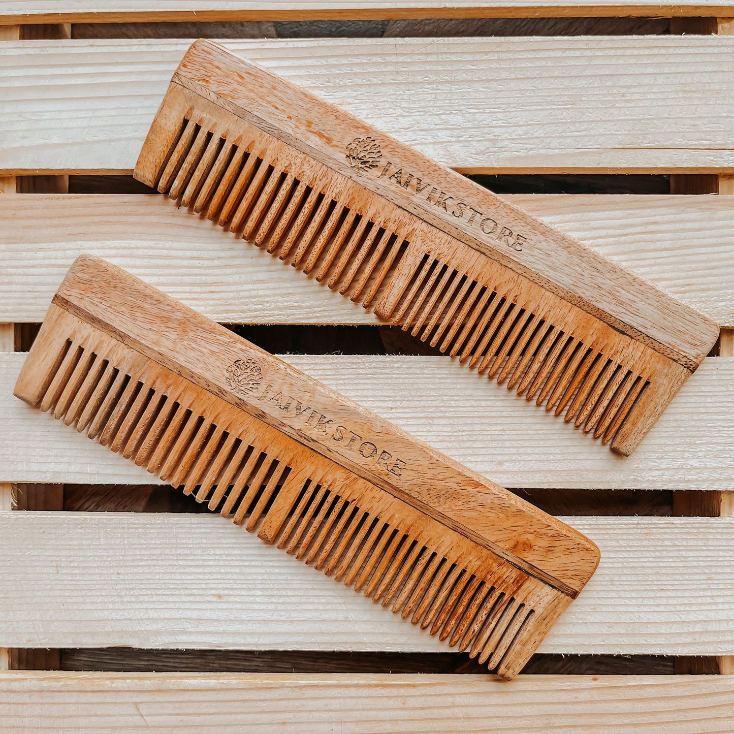 Jaivik Store Neem Wooden Comb - Set of 2 - Dual Tooth Design for Detangling, Controlling Frizz, Promoting Hair Growth, Unisex