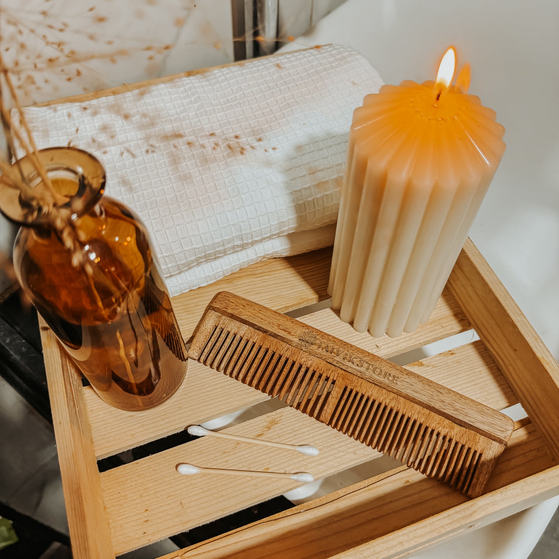 Jaivik Store Neem Wooden Comb with Props - Eco-Friendly Comb on Wooden Tray with Candle, Towel, and Dry Flowers