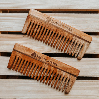 Jaivik Store Neem Wooden Shampoo Comb - Set of 2 - Wide Tooth Design for Detangling, Controlling Frizz, Unisex & Eco-Friendly