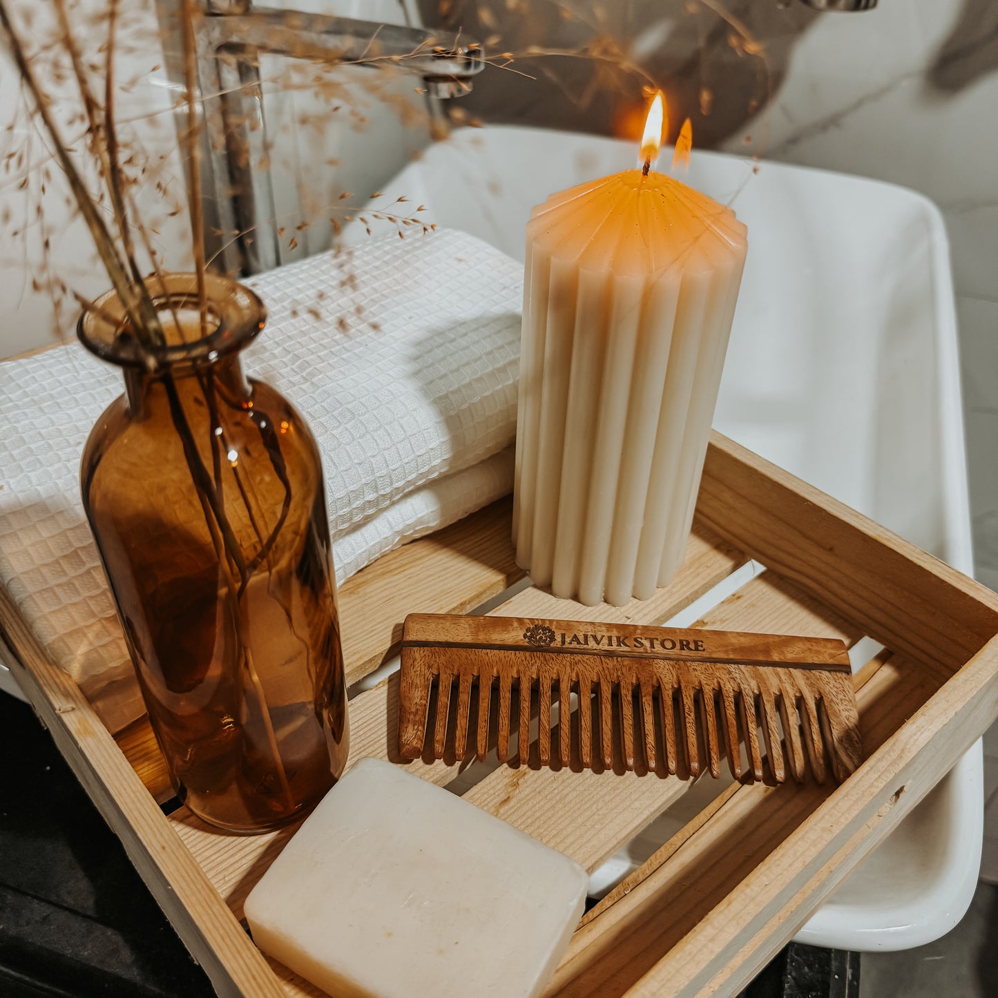 Jaivik Store Neem Wooden Shampoo Comb - Displayed with Wooden Tray, Candle, Towel, and Dry Flowers - Eco-Friendly Design