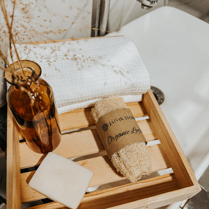 Jaivik Store organic straight loofah bath scrubber with wooden tray, towel, and soap for natural bath care