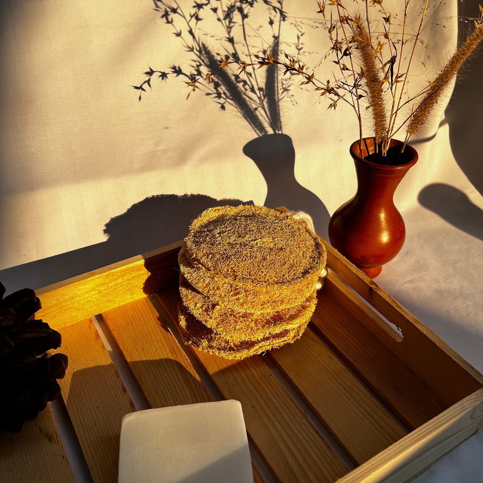 Jaivik Store organic round loofah bath scrubber on a wooden tray with evening sunrays for a serene natural bath ambiance