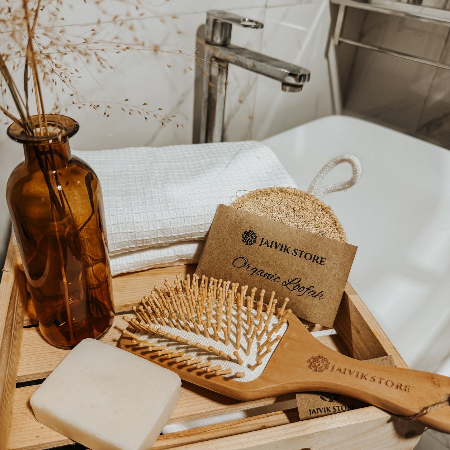 Jaivik Store organic round loofah bath scrubber with wooden tray, towel, and hairbrush for a natural bath setup