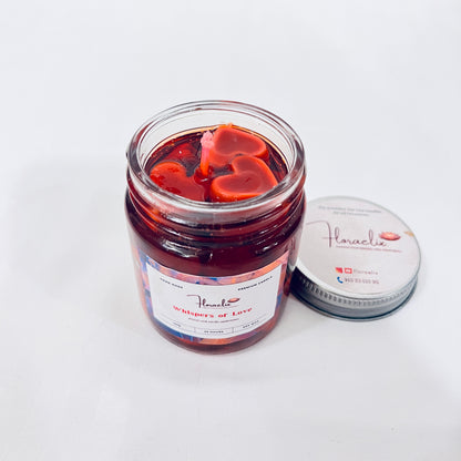 Close-up of Jaivik Store Whispers of Love scented soy wax jar candle, 100g, with lid open and wick visible for premium detailing