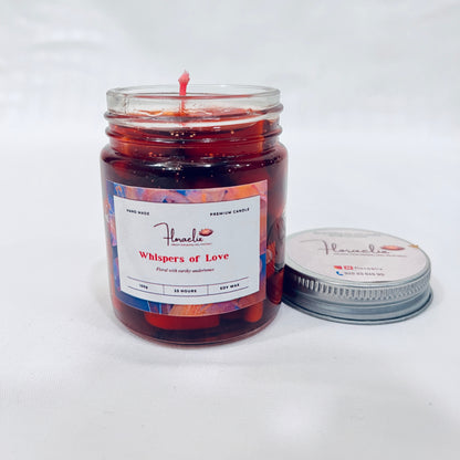 Front view of Jaivik Store Whispers of Love scented soy wax jar candle, 100g, with lid open, showcasing its premium elegance