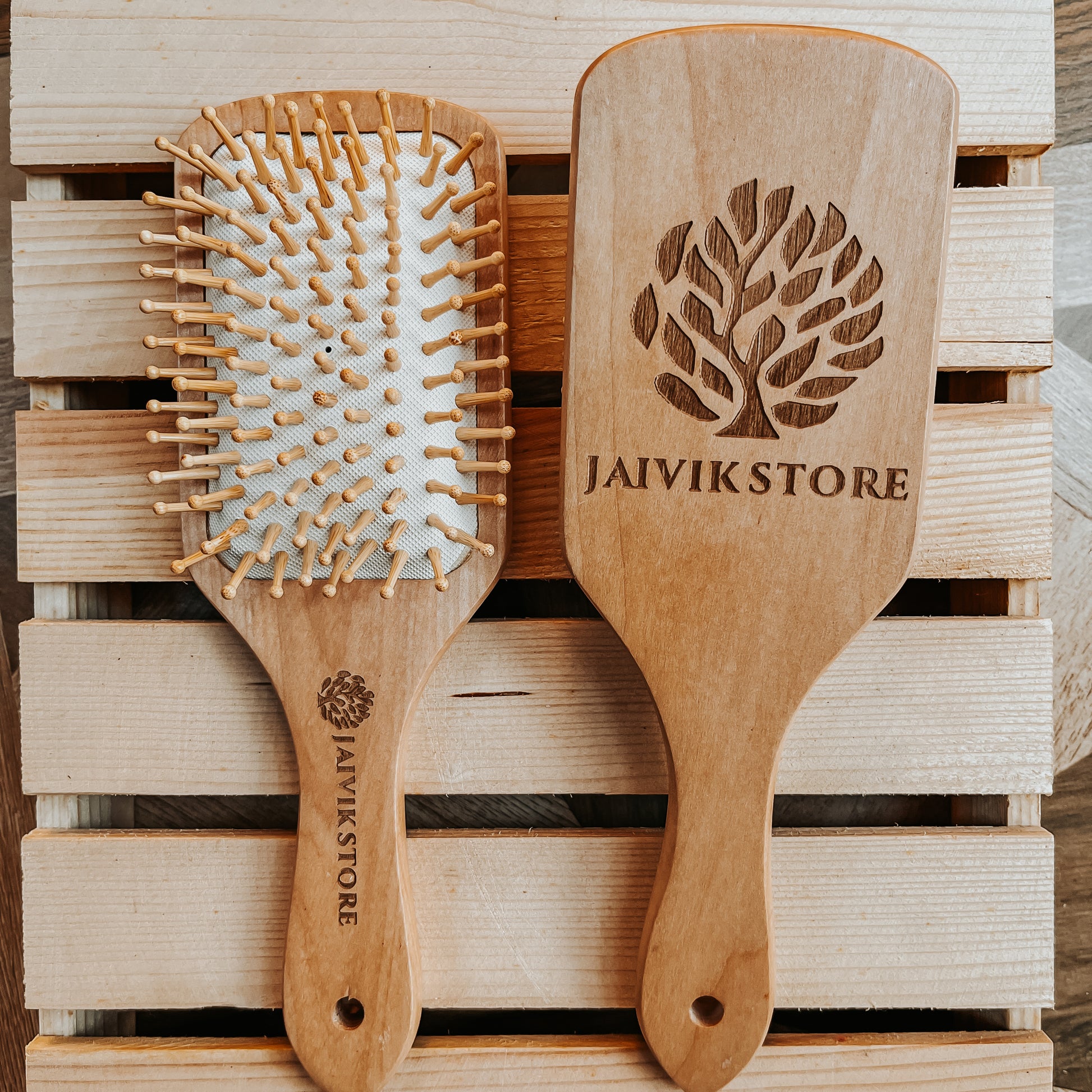 Jaivik Store Wooden Paddle Hair Brush - Front and Back View with Bamboo Bristles for Frizz Control, Unisex & Eco-Friendly