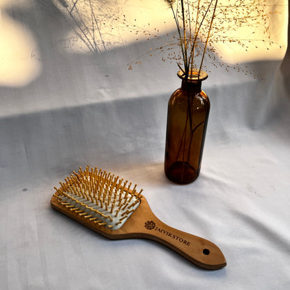 Jaivik Store Wooden Paddle Hair Brush - Bamboo Bristles for Frizz Control, Styled with Dry Flowers, Unisex & Eco-Friendly